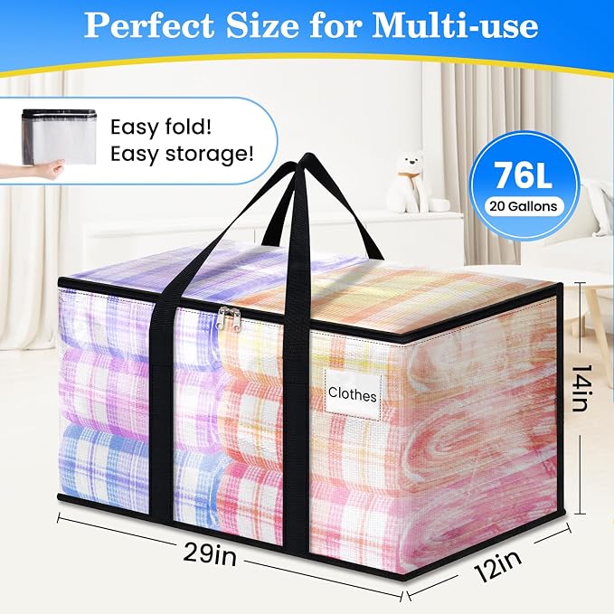 BlissTotes 4-Pack Large Moving Bags with Backpack Straps & Strong Zippers, Heavy-Duty Storage Bags Moving Boxes for Space Saving, Dorms, Transport, 76L-20 Gallons, Clear