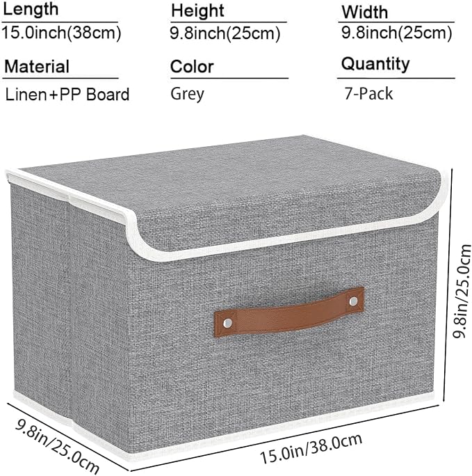 Yawinhe Collapsible Storage Bin, Cube Organizer Basket, Fabric Box with Lids, Washable and Leather Handle, for Home, Closet, Grey, 15.0''Lx9.8''Wx9.8''H, 7-Pack, USNK024GL-7