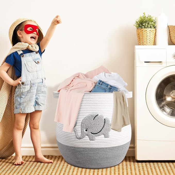 Large Baby Laundry Hamper, Gray Elephant Laundry Basket for Baby, Toy and Blanket Storage Basket for Nursery and Playroom, Cotton Rope Hamper for Kids, 17.7"x15.7"