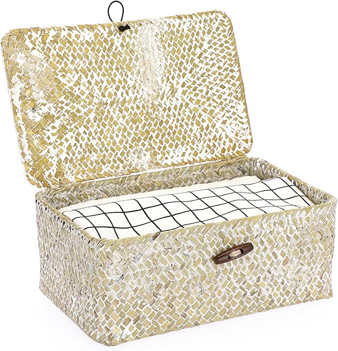 Hipiwe Wicker Shelf Baskets Bin with Lid Natural Seagrass Basket Storage Boxes Small Woven Basket Multipurpose Home Organizer Bins Box for Shelf Closet Bedroom Living Room Home Decor, Whitewash