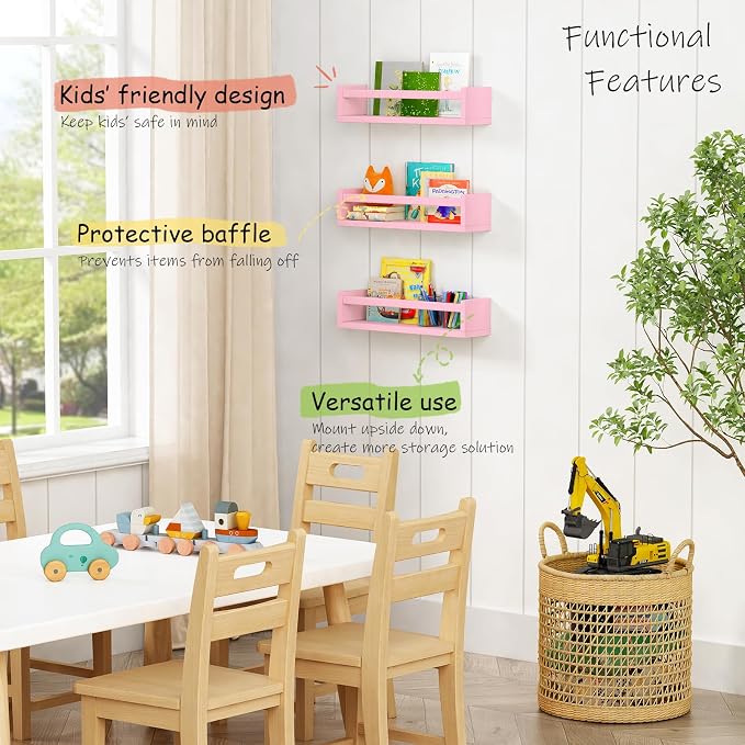 Harwaya Pink Nursery Floating Shelves for Wall Set of 3, Baby Girls Room Wall Book Shelves for Kids Bedroom, Corner Bookshelf for Toddler Children Bathroom Decor and Toys Organizers and Storage