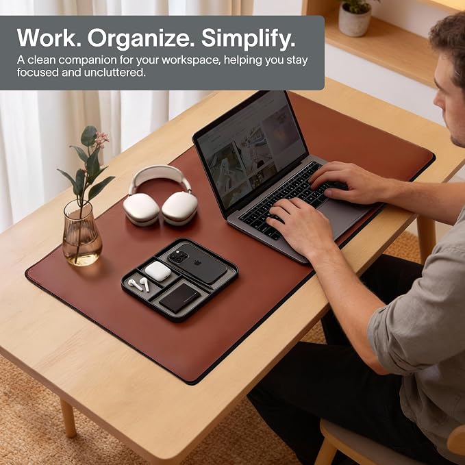 Nordik Leather Valet Tray - Pebble Black - 9.5 x 7.9 Inch Medium Vegan Leather Tray - Stylish Nightstand Organizer for Men - Modern Bedside Caddy - EDC Catchall for Key Watch Wallet Jewellery