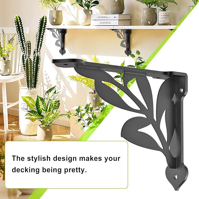 SELEWARE Heavy Duty Shelf Brackets 12 Inch, Branch Shelves Brackets, 300LB Capacity Decorative Metal L Brackets for Floating Shelves, Black Rustic Wall Mount Shelving Bracket with Screws, 2 Pack
