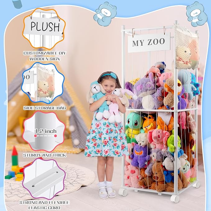 GLDZI Stuffed Animal Storage Zoo with Wheels, Wooden Stuffed Animal Organizer with Elastic Cords, Space Saving Toy Plushies Storage Holder for Playroom, Bedroom, Living Room(White, Large)