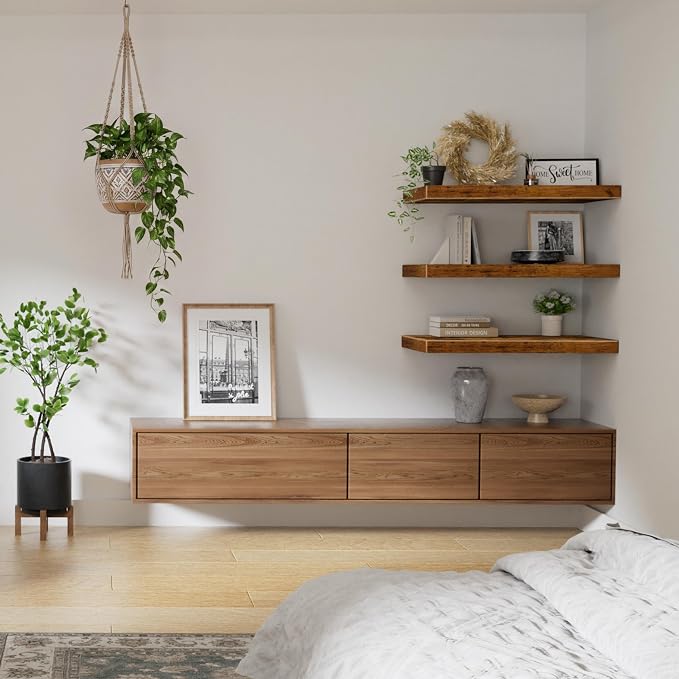 QEEIG 12" Deep Floating Shelves for Wall - 12 x 24 inch Book Shelf Bathroom Bedroom Kitchen Living Room Hanging Bookshelf Farmhouse Set of 3, Brown (026-60BN3)