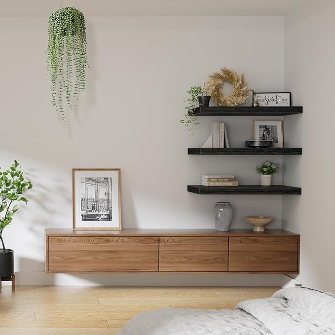 QEEIG 10" Deep Floating Shelves for Wall - 10 x 24 inch Book Shelf Bathroom Bedroom Kitchen Living Room Hanging Bookshelf Farmhouse Set of 3, Black (025-60B3)