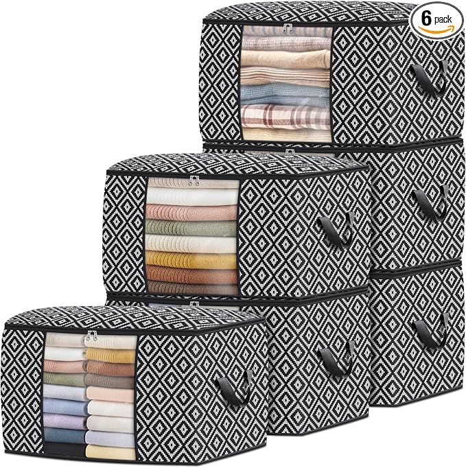 StorageTastic Direct 100L, 6 Pack, Storage Containers, Large Clothes Storage Bins Foldable Organization and Storage Bags with Reinforced Handle, Clear Window for Bedding, Blankets, Clothing, Black