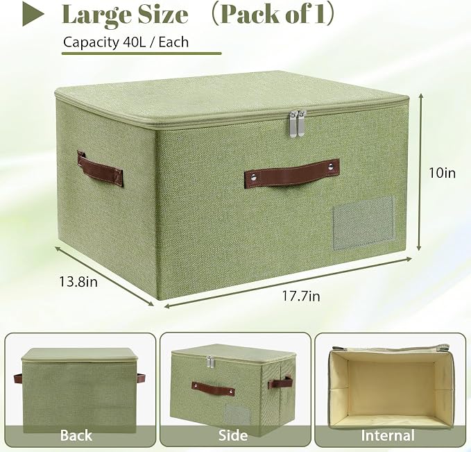 ANMINY Storage Bins with Zipper Lid Storage Boxes with Label Holder PU Leather Handles Washable Foldable Decorative Lidded Cotton Linen Fabric Cubes Baskets Closet Organizer - Green, Large