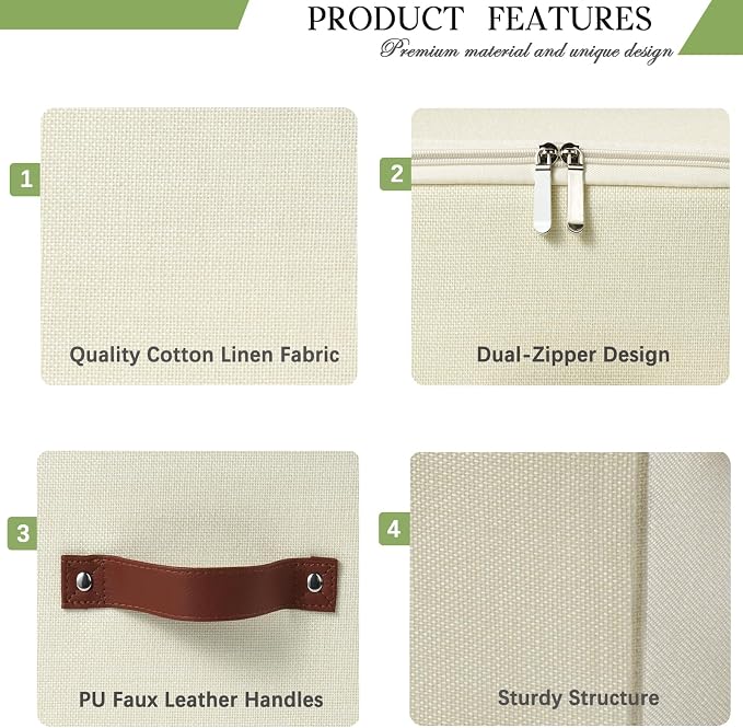 Storage Bins with Zipper Lid Foldable Fabric Lidded Storage Boxes Baskets Cubes Washable Collapsible PU Leather Handle Cotton Linen Fabric Shelf Closet Organizer Container(Beige, Large Size)