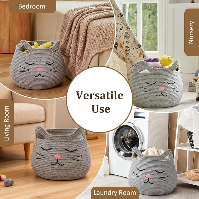 VK VK·LIVING Animal Baskets Large Woven Cotton Rope Storage with Cute Cat Design and Handles, Cat Toy Box Laundry Organizer for Towels, Blanket, Toys, Clothes, Gift for Pet or Baby Baskets 15"D x 14"H