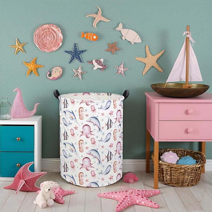 Baby Laundry Basket Baby Hamper for Nursery Girl Kids Ocean Hamper Cute Kids Toys Storage Bin Organizer Pink Room Decor for Home(Pink Ocean)