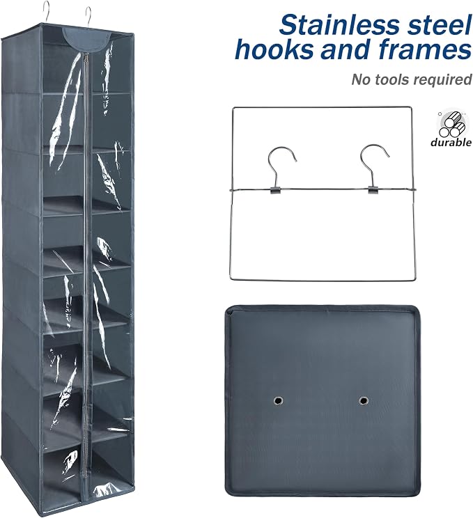8 Tier Clear PVC Hanging Organizer With Zipper, Sweater Storage Shelves With Cover, Shoe Organizer for Closet, Grey