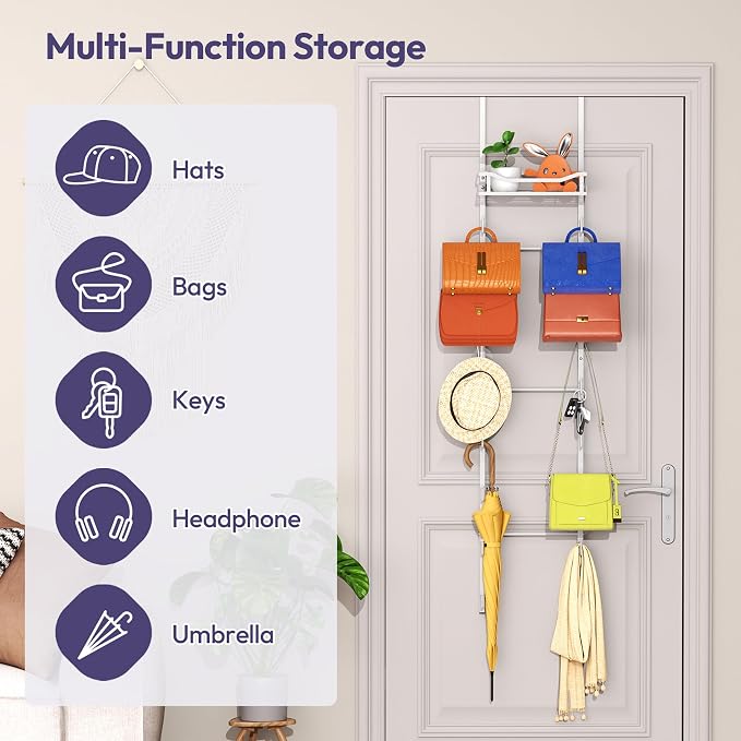 SWTYMIKI Over The Door Purse Organizer - Wall Mounted Purse Rack with 16 Hooks and Metal Basket, Handbag Hanger Organizer Holds up to 16 Bags, Bag Rack Can Use As 1/2 Part, for Door, Closet