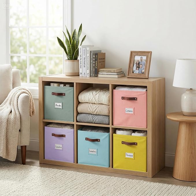 DECOMOMO Storage Bins, Cube Storage Bin with Labels | 13" x 13" x 13" Fabric Storage Cubes for Shelves (6pcs, Rainbow)