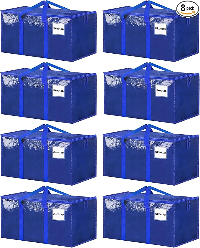 8 Pack Extra Large Heavy Duty Moving Bags, Blue Storage Bins with Lids, Reinforced Handles & Heavy-Duty Zippers Moving Boxes Storage Bags Totes for Clothes Packing, Dorms, College Supplies, Blue