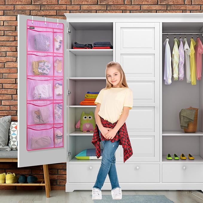 Weekly Kids Clothes Organizer - Day of Week School Clothing Organizer, Monday to Friday Time Save, No Odour, 5-Shelf Hanging Closet Storage (Pink)