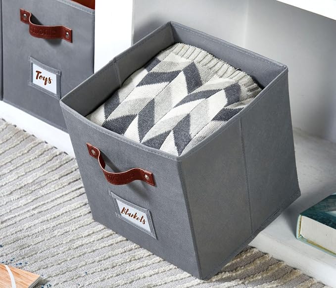 DECOMOMO Storage Bins, Cube Storage Bin with Labels | 10.5" x 11" Fabric Storage Cubes for Shelves (6pcs, Grey)