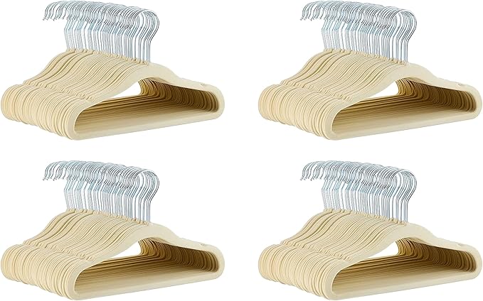 Amazon Basics Kids Space Saving Velvet Non-Slip Clothes Hangers with Shoulder Notches for Infant and Toddler, 11.6", Beige 50 Count (Pack of 4)