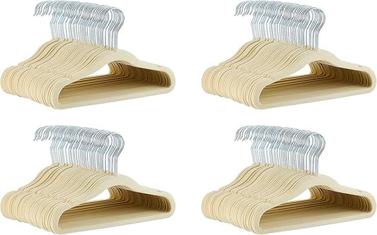 Amazon Basics Kids Space Saving Velvet Non-Slip Clothes Hangers with Shoulder Notches for Infant and Toddler, 11.6", Beige 50 Count (Pack of 4)
