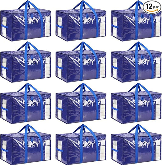 BAGAIL Heavy Duty Moving Bags with Strong Handle, Extra Large Moving Boxes, Storage Tote for Clothes, College Moving Supplies(12 Pack, Blue-windows)