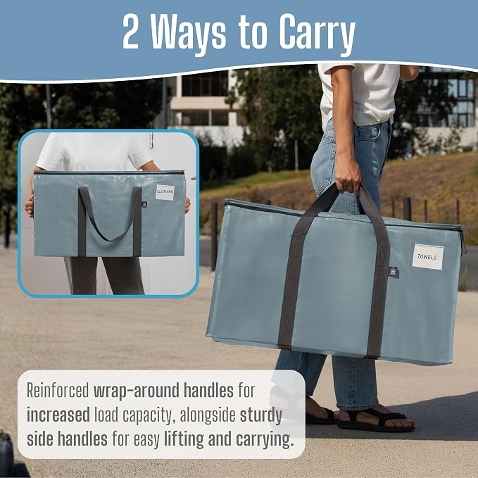 VENO 16 Pack Heavy Duty Moving Bags, 90L Extra Large Moving Boxes Alternative, 50lbs Load,Wraparound Handles,Zippers & Tag,Packing Supplies for College Dorm Essentials, Clothes Storage(Light Blue)