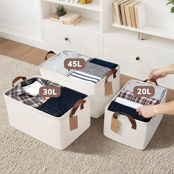 CHICVITA Storage Baskets for Shelves, 19" x 13" x 11" Closet Storage Bins with Handles, Foldable Fabric Bins with Metal Frame, Extra Large Storage Basket for Toys, Blankets, Beige, 2-Pack