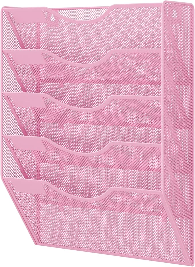 EasyPAG Wall File Organizer 5 Tier Hanging Paper Folder Holder, Zero Assembly Metal Mesh Wall Mounted Mail Organizer for Office Home Classroom Narrow Spaces, Pink