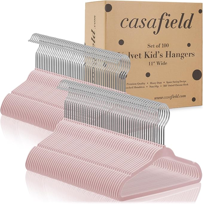 Casafield 100 Velvet Baby Hangers - 11" Size for Infant & Toddler Clothes - Light Pink