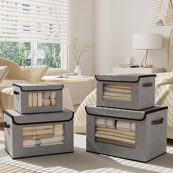 Gray Storage Baskets with Lid,Closet Bin,13x9.1x7.9In,5Pack | Fabric Storage Bin with Handles,Portable Decorative Box for Clothes,Hat, Books,Shelf Baskets,Closet Organizers for Bedroom