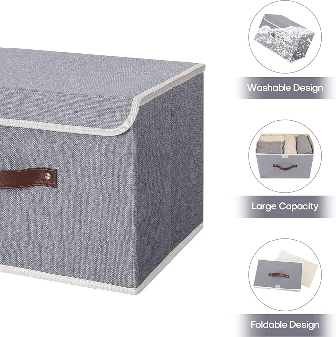 ANMINY 2PCS Storage Bin with Lid Storage Boxes with PU Leather Handles PP Plastic Board Decorative Foldable Lidded Cotton Linen Fabric Home Cubes Baskets Closet Organizer Container - Gray, Medium