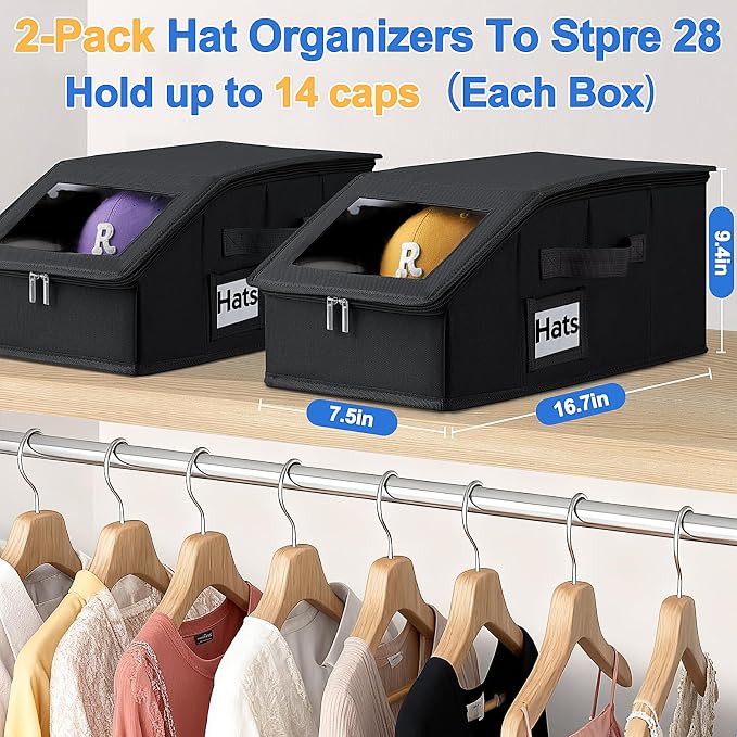 Dofilachy 2 Pack Stackable Hat Storage for Baseball Caps, Holds 28 Caps - Closet Organizer Box with Clear Window & Cardboard，Sturdy Snapback Hat Boxes for Home Storage (dark, 2)