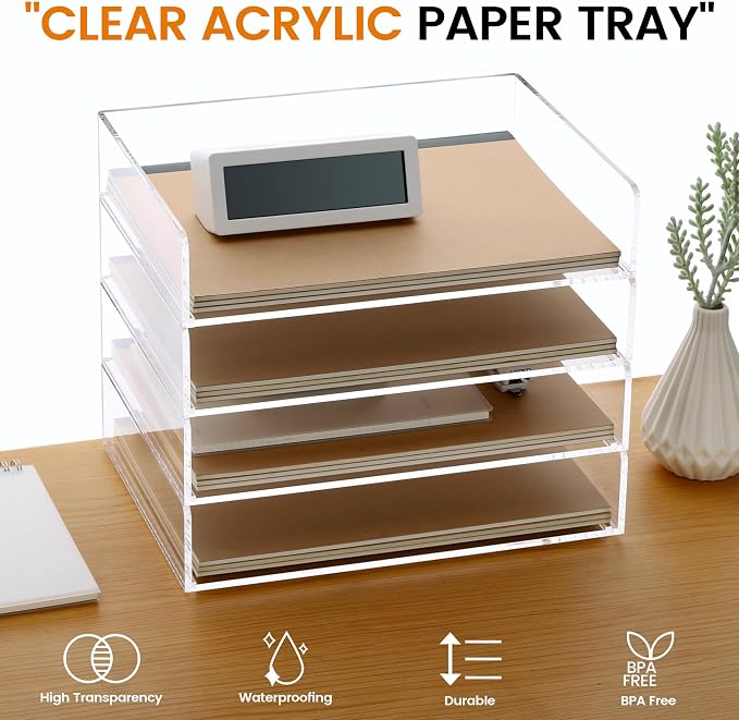 Acrylic Paper Tray, 4 Tier Paper Organizer for Desk, Clear Acrylic Desk Organizers, Stackable Letter Tray Workspace Organizer -Art Storage for School Classroom -4 Pack…