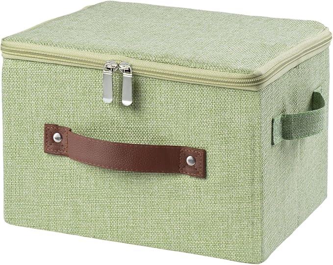 Storage Bins with Zipper Lid Foldable Fabric Lidded Storage Boxes Baskets Cubes Washable Collapsible PU Leather Handle Cotton Linen Fabric Shelf Closet Organizer Container(Green, Small Size)