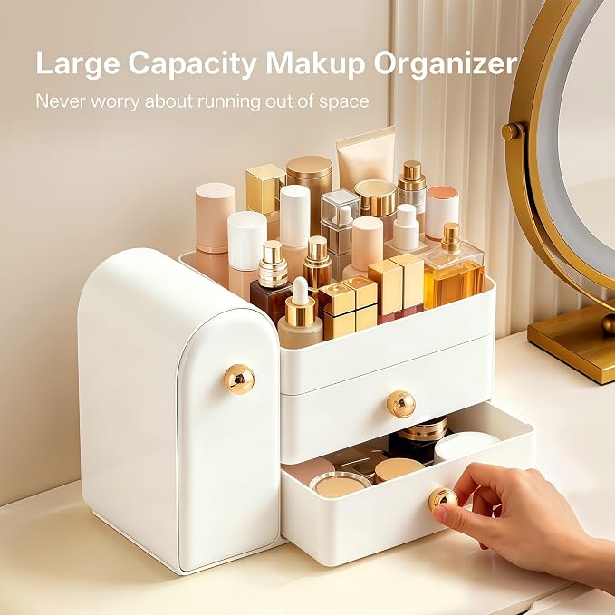 HBlife Makeup Organizer Countertop with Drawers, Vanity Organizers with Brush Holder, Bathroom Counter Organizer for Perfume, Nail Polishes, Lipsticks, Skincare and Eyeshadow Palettes, White