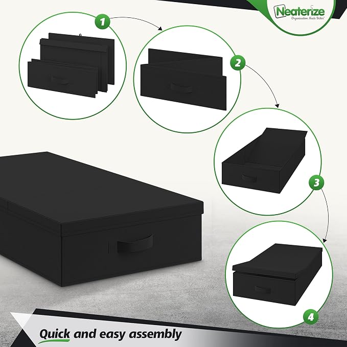 NEATERIZE Under Bed Storage Bins With Lids [Set of 2] Long Flat Stackable Underbed Storage Containers For Organizing Clothing, Shoes, Blankets, and Linen. Garage Boxes. (Large-Black)
