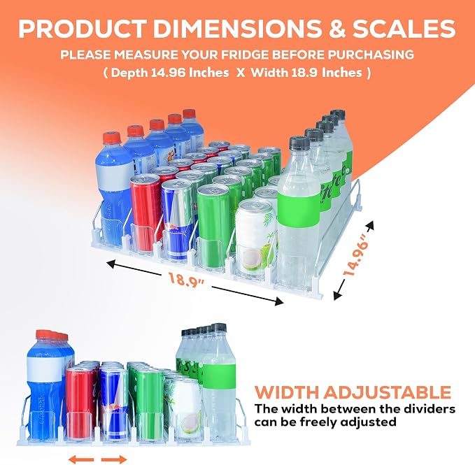 Upgraded Premium Drink Organizer for Fridge. Ultra Space Saving Soda Can Organizer with Larger Stopper Height and Automatic Pusher with Locking Feature. Holds 30 Cans (6 Rows, White)