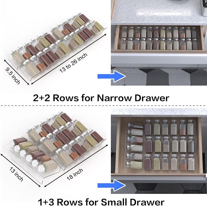 Jadehom 19 x 13 Inches Spice Drawer Organizer, 4 Tier Clear Acrylic Expandable In-Drawer Seasoning Jars Rack, Kitchen Drawer Spice Insert Tray for Cabinet/Countertop