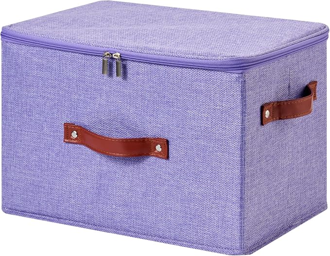Storage Bin Box with Zippered Lid Cotton Linen Fabric Decorative Basket with PU Leather Handles PP Plastic Board Foldable Lidded Clothing Shelf Closet Organizer Container (Purple, Large)