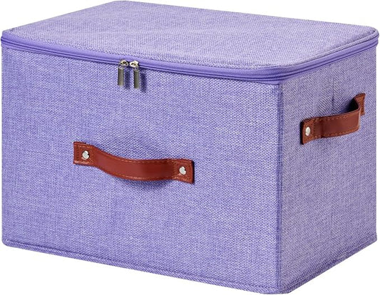 Storage Bin Box with Zippered Lid Cotton Linen Fabric Decorative Basket with PU Leather Handles PP Plastic Board Foldable Lidded Clothing Shelf Closet Organizer Container (Purple, Large)