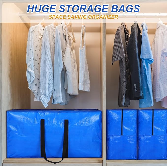 Windyun 4 Pack 98 Gallon Extra Large Moving Bags XXL Heavy Duty Storage Bag with Strong Zipper Handle Jumbo Big Tote Box Foldable for College Dorm Travel Clothes Duffle Blanket Pillow(Blue)