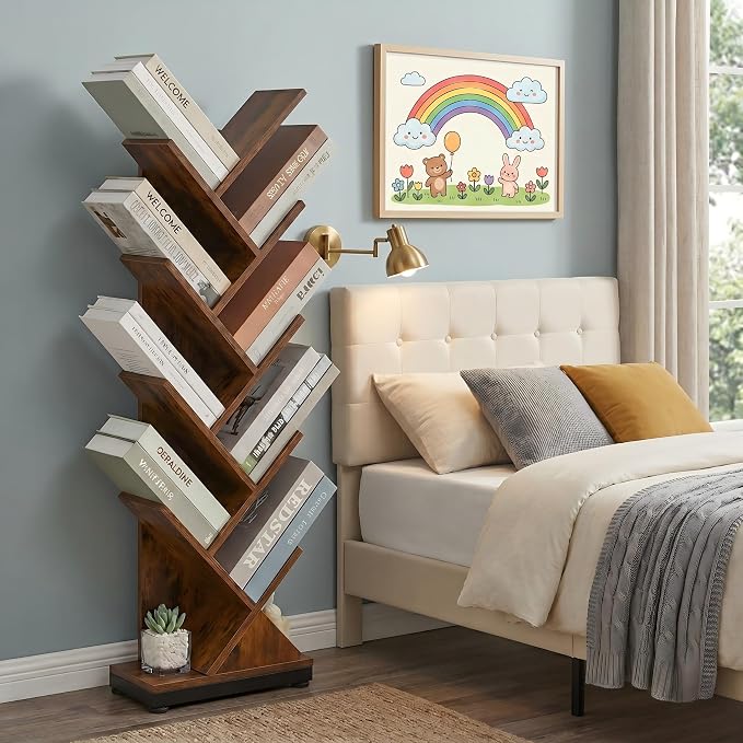 ruboka 9-Tier Tree Bookshelf Storage Organizer Display Rack | Floor standing Bookcase, sturdy wood, space-saving. Ideal Book Shelf for living room, bedroom, office. Holds magazines, CDs.