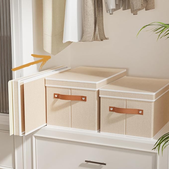 Fabric Storage Boxes with Lids, 10.2×7.8×6.7 Inch Clothes Bins for Shelves, Closet Organizers for Organizing with Handles, Beige, 3-Pack