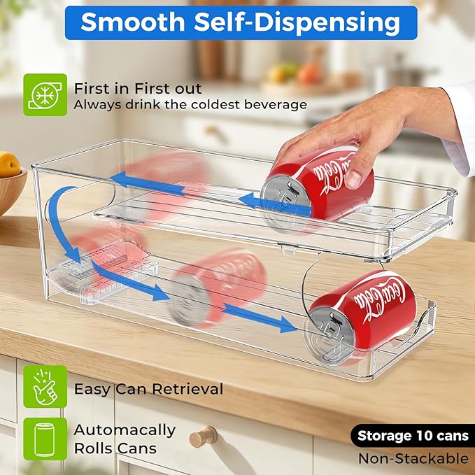 Rolling Soda Can Organizer for Refrigerator Can Dispenser for Fridge Beer Soda Seltzer Pop Can Soda Organizer for 10 Standard Size 11.15oz or 12oz Cans Holder Storage Pantry Organization
