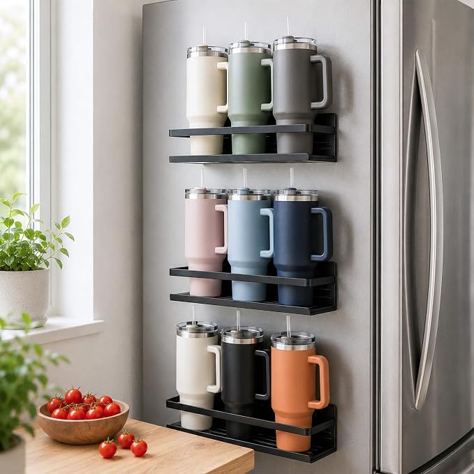 SMRCAD Metal Magnetic Spice Rack for Refrigerator, 4 pack Magnetic Shelf for Fridge Space Saving Seasoning Organizer for Any Metal Surface No Drilling Needed (BLACK -cut out, 4pack)