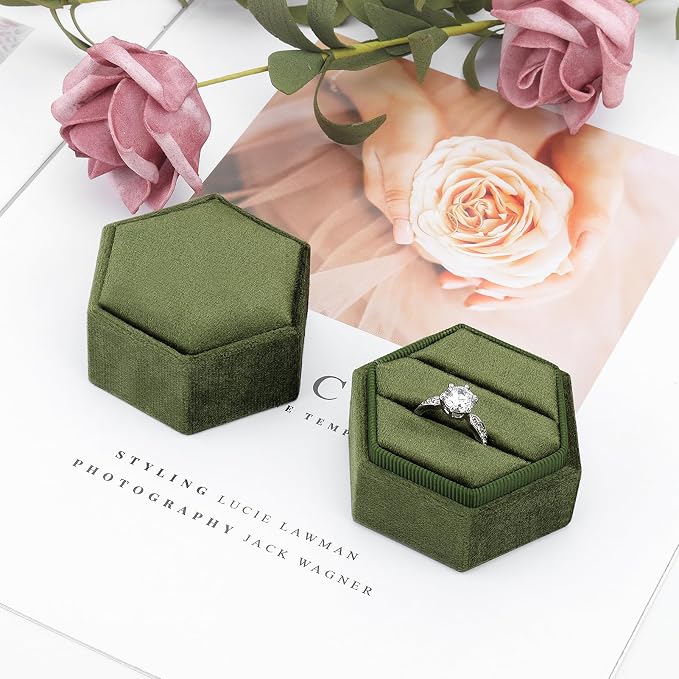 DesignSter Velvet Jewelry Ring Box,2 Slots Jewelry Ring Gift Box Vintage Ring Display Holder with Detachable Lid for Proposal, Engagement, Wedding, Ceremony(Dark grass green)