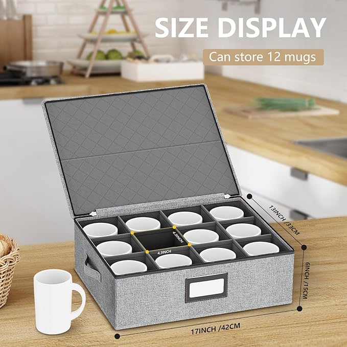 homyfort Mug Storage Box with Dividers, China Coffee Mug Storage Containers Holder Organizer Hard Shell, Service for 24 Coffee Mugs or Tea Cups (Grey)