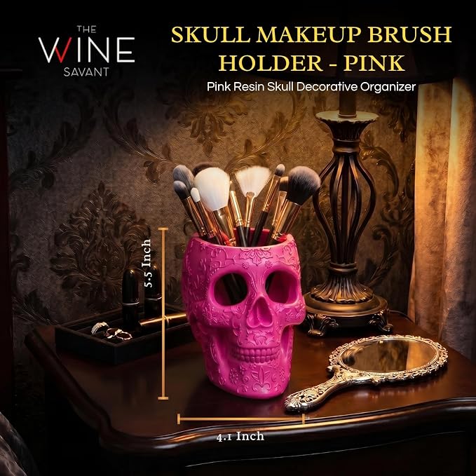 Skull Makeup Brush Holder, Pen Holder, Vanity, Desk, Office Organizer, Stationary, Decor Planter, Candy Bowl, Goth Decorations, Extra Large, Skulls Gothic Skull & Bones Organizer Bathroom (Pink)