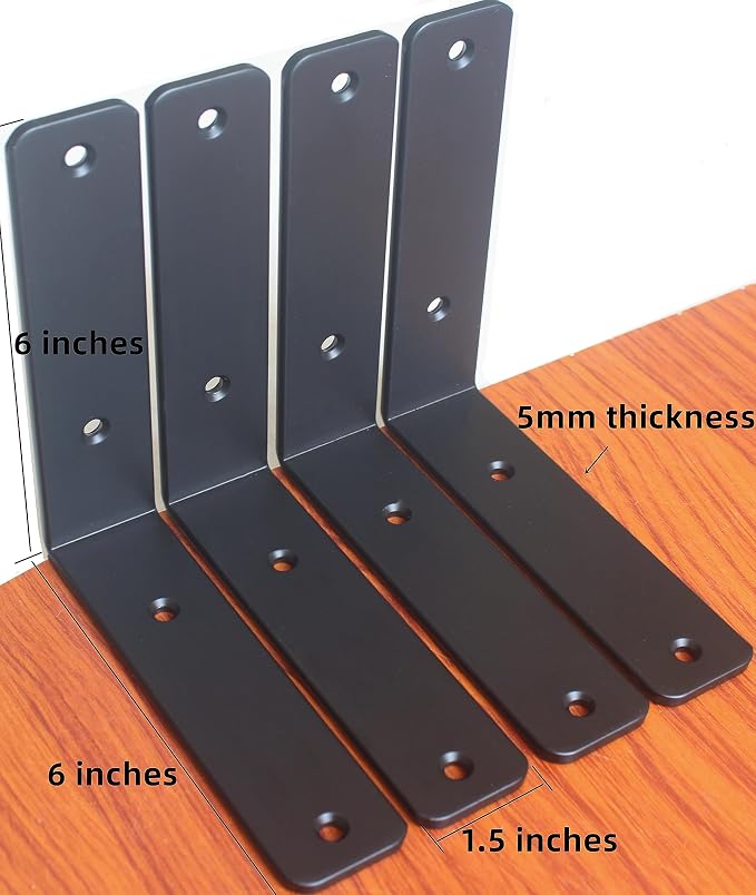 6 Pack - L 6" x H 6" x W1.5, 5mm Thick Black L Shelf Bracket, Iron Shelf Brackets, Metal Shelf Brackets, Floating Shelf, Shelf Supports with Screws