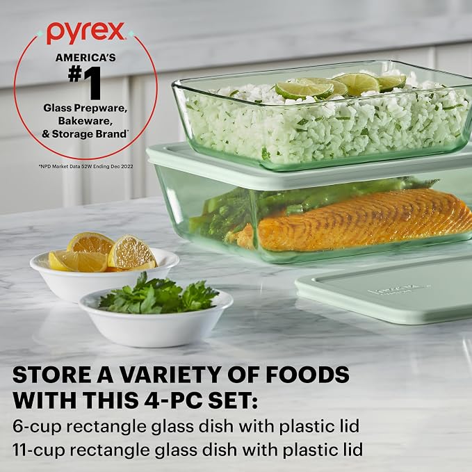 Pyrex Colors Tinted (4-PC) Large Rectangular Food Storage Container Set, Snug Fit Non-Toxic Plastic BPA-Free Lids, Freezer Dishwasher Microwave Safe, 6 Cup & 11 Cup