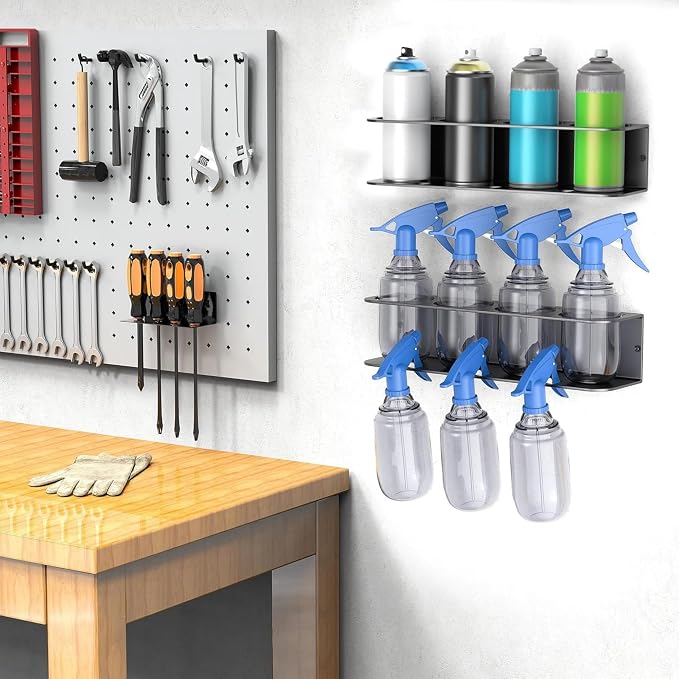 WALMANN Wall Mount Spray Bottle Holder, Metal Spray Can Storage Rack for Garage Workshop, Paint Aerosol Can Holder, Pack of 4